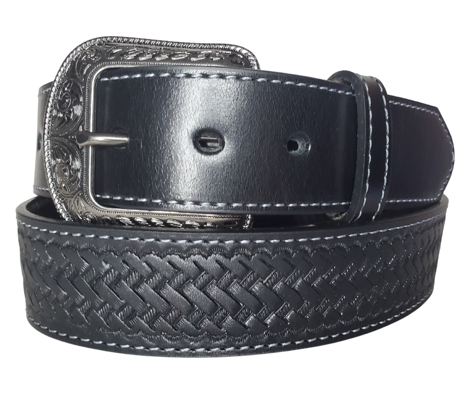 "The Chisholm Trail" is a real leather belt made from a single thick parts of cowhide shoulder leather that is 8-10 oz. or approx. 1/8" thick. It is assembled in 3 main sections 2 billets or end parts and the main center section. It has  also has a Braid pattern. The buckle has ornate western floral pattern that's antique nickel plated and is snapped in place for easy buckle change.  This belt is stocked in our shop in Smyrna, TN just outside Nashville.