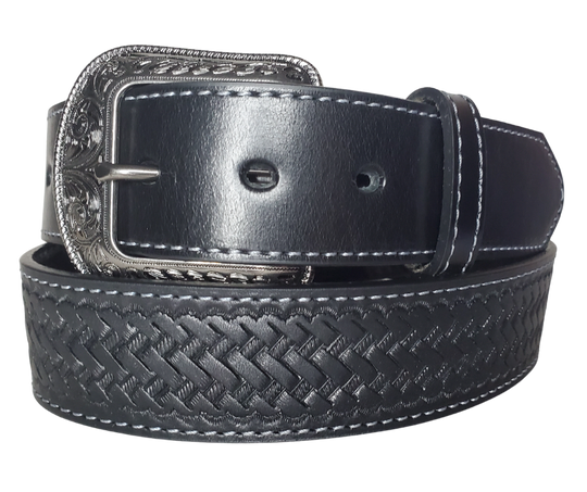 "The Chisholm Trail" is a real leather belt made from a single thick parts of cowhide shoulder leather that is 8-10 oz. or approx. 1/8" thick. It is assembled in 3 main sections 2 billets or end parts and the main center section. It has  also has a Braid pattern. The buckle has ornate western floral pattern that's antique nickel plated and is snapped in place for easy buckle change.  This belt is stocked in our shop in Smyrna, TN just outside Nashville.