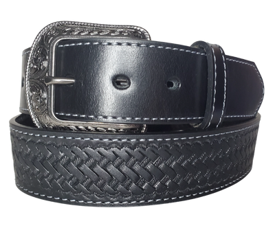 "The Chisholm Trail" is a real leather belt made from a single thick parts of cowhide shoulder leather that is 8-10 oz. or approx. 1/8" thick. It is assembled in 3 main sections 2 billets or end parts and the main center section. It has  also has a Braid pattern. The buckle has ornate western floral pattern that's antique nickel plated and is snapped in place for easy buckle change.  This belt is stocked in our shop in Smyrna, TN just outside Nashville.
