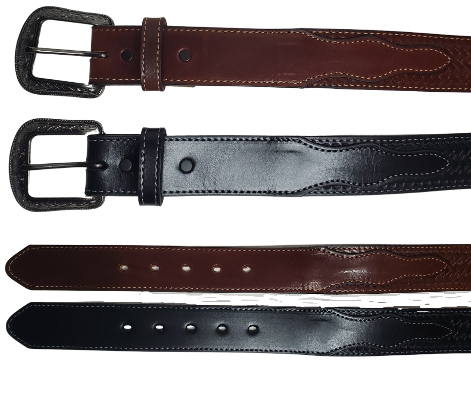 "The Chisholm Trail" is a real leather belt made from a single thick parts of cowhide shoulder leather that is 8-10 oz. or approx. 1/8" thick. It is assembled in 3 main sections 2 billets or end parts and the main center section. It has  also has a Braid pattern. The buckle has ornate western floral pattern that's antique nickel plated and is snapped in place for easy buckle change.  This belt is stocked in our shop in Smyrna, TN just outside Nashville.