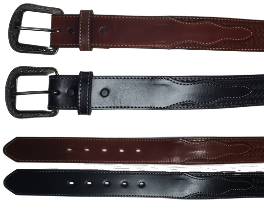 "The Chisholm Trail" is a real leather belt made from a single thick parts of cowhide shoulder leather that is 8-10 oz. or approx. 1/8" thick. It is assembled in 3 main sections 2 billets or end parts and the main center section. It has  also has a Braid pattern. The buckle has ornate western floral pattern that's antique nickel plated and is snapped in place for easy buckle change.  This belt is stocked in our shop in Smyrna, TN just outside Nashville.