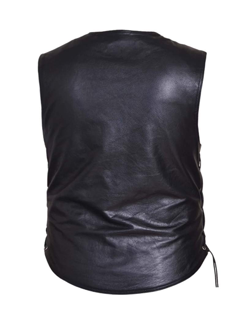 back view of Jean pocket black leather vest is made from premium buffalo hide leather. It has four exterior front pockets and two inside conceal carry pockets. It has a solid panel back and laces up the sides. Available for purchase in our shop in Smyrna, TN, just outside Nashville and comes in sizes small through 5xl.