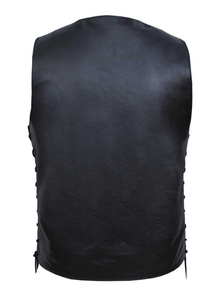 back view of black leather riding vest comes in tall sizes and is made from premium buffalo hide leather. It has 10 pockets including inside carry conceal pockets. Length is approximately 4" longer than regular sized vest. Back is one solid panel, available in sizes small through 5x. May be purchased in our shop in Smyrna,TN outside of Nashville.  It has a v-neck, snap front closure, and laces up the sides.