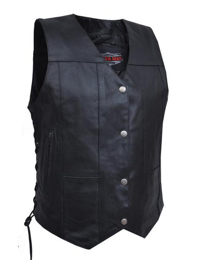 This lightweight cowhide black leather ladies' vest has a v-neck and snap front closure. It has side laces and a solid panel back, 4 front exterior pockets and 6 inside pockets including a concealed carry pocket on each side.  Available for purchase in our shop in Smyrna, TN, just outside Nashville.  Available in sizes small through 5xl.