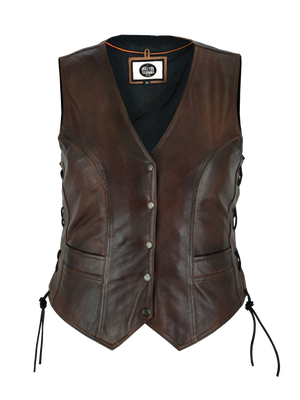 This lightweight Distressed cowhide leather ladies' vest has a v-neck and snap front closure. It has side laces and a solid panel back, 2 front exterior pockets and inside pockets including a concealed carry pocket on each side.  Available for purchase in our shop in Smyrna, TN, just outside Nashville.  Available in sizes small through 5xl.