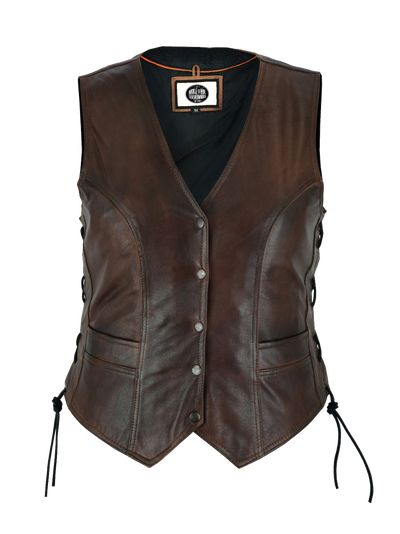 This lightweight Distressed cowhide leather ladies' vest has a v-neck and snap front closure. It has side laces and a solid panel back, 2 front exterior pockets and inside pockets including a concealed carry pocket on each side.  Available for purchase in our shop in Smyrna, TN, just outside Nashville.  Available in sizes small through 5xl.