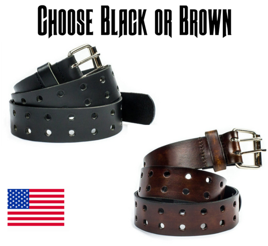 This solid strip of top grain leather has a satin finish surface, and a width of 1 1/2". Will soften with normal wear. Sizes available are 34" to 44" from buckle end to hole most worn. Features double holes the entire length of the strap! The roller buckle is easy on the leather, protecting the strap from undue creasing and scratching. Chrome plated buckle is stitched to leather strap. One of a few USA made belts not produced in our Smyrna TN shop. Made in USA.