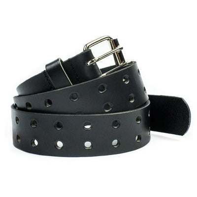 This solid strip of top grain leather has a satin finish surface, and a width of 1 1/2". Will soften with normal wear. Sizes available are 34" to 44" from buckle end to hole most worn. Features double holes the entire length of the strap! The roller buckle is easy on the leather, protecting the strap from undue creasing and scratching. Chrome plated buckle is stitched to leather strap. One of a few USA made belts not produced in our Smyrna TN shop.