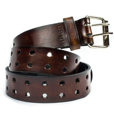 This solid strip of top grain leather has a satin finish surface, and a width of 1 1/2". Will soften with normal wear. Sizes available are 34" to 44" from buckle end to hole most worn. Features double holes the entire length of the strap! The roller buckle is easy on the leather, protecting the strap from undue creasing and scratching. Chrome plated buckle is stitched to leather strap. One of a few USA made belts not produced in our Smyrna TN shop.