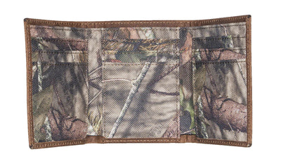 Distressed Leather wallet with embossed animal exterior. Mossy Oak camouflage interior. Choose Deer, Bass or Duck. Inside features 9 credit card slots, 3 underneath slots and cash slot.  Folded dimensions are 4" by 3" Available in our online and retail shop, located in Smyrna, TN, just outside of Nashville. Imported