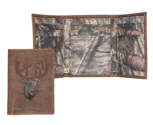 Distressed Leather wallet with embossed animal exterior. Mossy Oak camouflage interior. Choose Deer, Bass or Duck. Inside features 9 credit card slots, 3 underneath slots and cash slot.  Folded dimensions are 4" by 3" Available in our online and retail shop, located in Smyrna, TN, just outside of Nashville. Imported