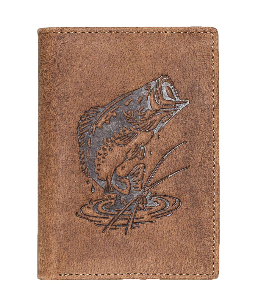 Distressed Leather wallet with embossed animal exterior. Mossy Oak camouflage interior. Choose Deer, Bass or Duck. Inside features 9 credit card slots, 3 underneath slots and cash slot.  Folded dimensions are 4" by 3" Available in our online and retail shop, located in Smyrna, TN, just outside of Nashville. Imported