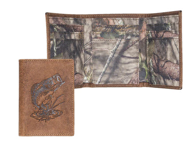 Distressed Leather wallet with embossed animal exterior. Mossy Oak camouflage interior. Choose Deer, Bass or Duck. Inside features 9 credit card slots, 3 underneath slots and cash slot.  Folded dimensions are 4" by 3" Available in our online and retail shop, located in Smyrna, TN, just outside of Nashville. Imported