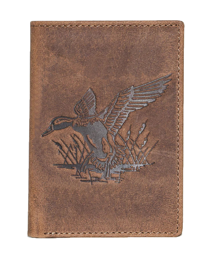 Distressed Leather wallet with embossed animal exterior. Mossy Oak camouflage interior. Choose Deer, Bass or Duck. Inside features 9 credit card slots, 3 underneath slots and cash slot.  Folded dimensions are 4" by 3" Available in our online and retail shop, located in Smyrna, TN, just outside of Nashville. Imported