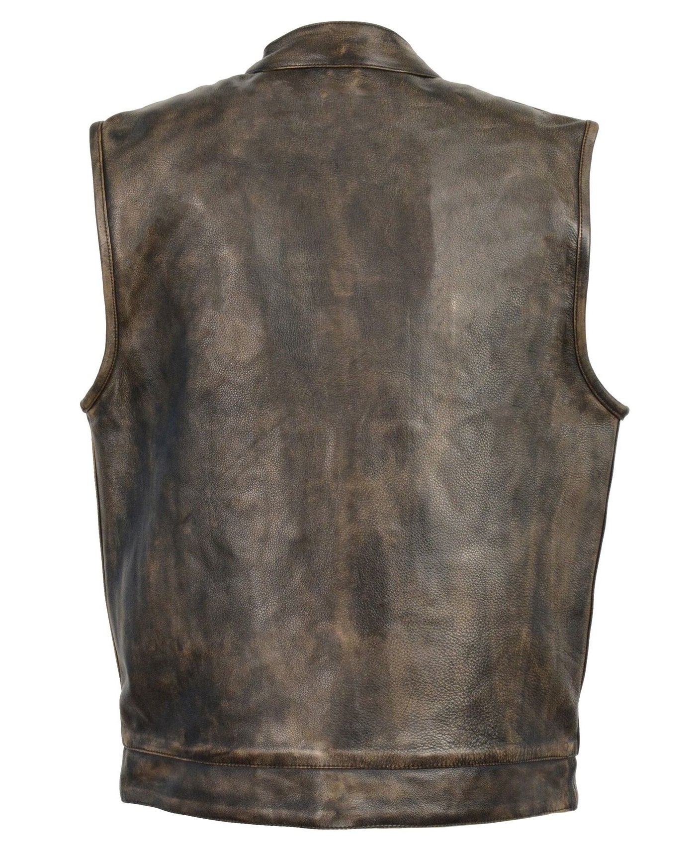 back view of Distressed look brown premium cowhide leather club style riding vest with concealed zipper and snap front closure.  Available for purchase inside our shop in Smyrna, TN, just outside Nashville.  It has inside front conceal carry pockets on each side and has a flap style jean vest style pockets on chest and side closure pockets on lower front. Available in sizes small to 5x
