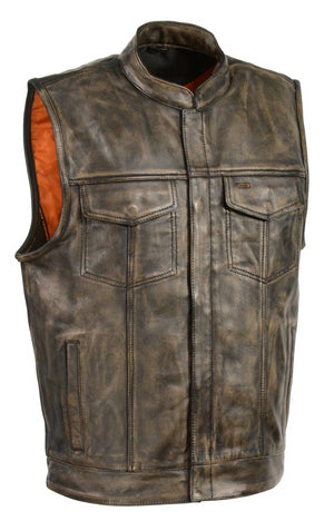 Distressed look brown premium cowhide leather club style riding vest with concealed zipper and snap front closure.  Available for purchase inside our shop in Smyrna, TN, just outside Nashville.  It has inside front conceal carry pockets on each side and has a flap style jean vest style pockets on chest and side closure pockets on lower front. Available in sizes small to 5x