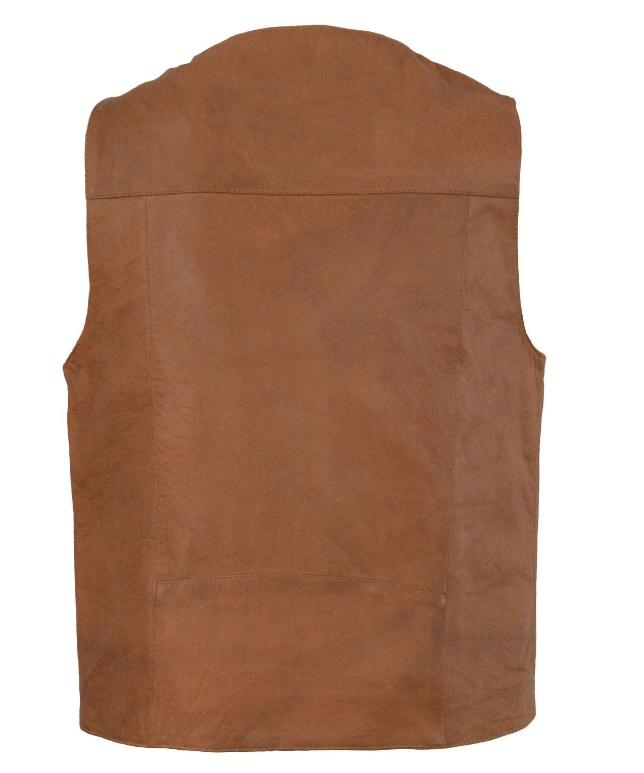 back view of Western style brown leather vest has v-neck and  snap front. It is made from soft cowhide with slightly distressed look.  It has 2 horizontal outside front lower pockets and conceal carry pockets on each inside front, back is stitched panels.  It has a mesh lining. Available for purchase in our shop in Smyrna, TN just outside of Nashville. Available in sizes small through 5x