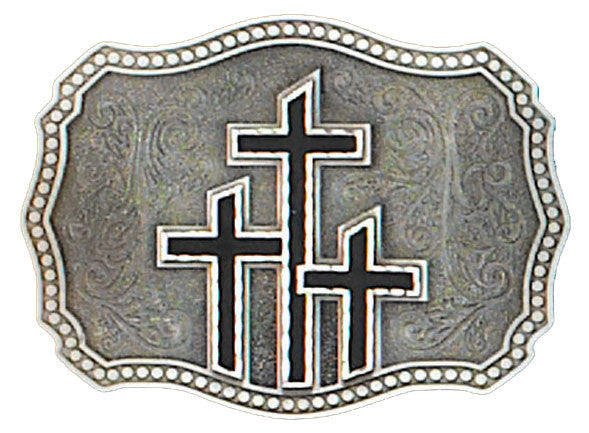 Pewter belt buckle with 3 black epoxy inlayed crosses. May be easily attached to your belt.  It has a Western style rectangular shape with 3 crosses in the center of the buckle. USA made Fits 1 1/2" belts Black epoxy inlay Size 3-1/2" x 2-3/4"  