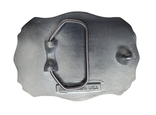 Pewter belt buckle with 3 black epoxy inlayed crosses. May be easily attached to your belt.  It has a Western style rectangular shape with 3 crosses in the center of the buckle. USA made Fits 1 1/2" belts Black epoxy inlay Size 3-1/2" x 2-3/4"  
