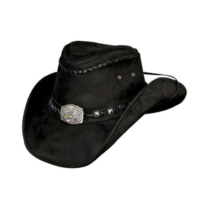 Leather Western Hat-This leather Western style hat is made from top grain black leather. The brim is 3 3/8" wide and has metal sewn into the edge for easy shaping.  It has crisscross lacing around the top of the hat and 2 grommet vent holes on each side. Leather decorative hat band has chrome colored accents. Available in our shop in Smyrna, TN, just outside Nashville in sizes small-XL.