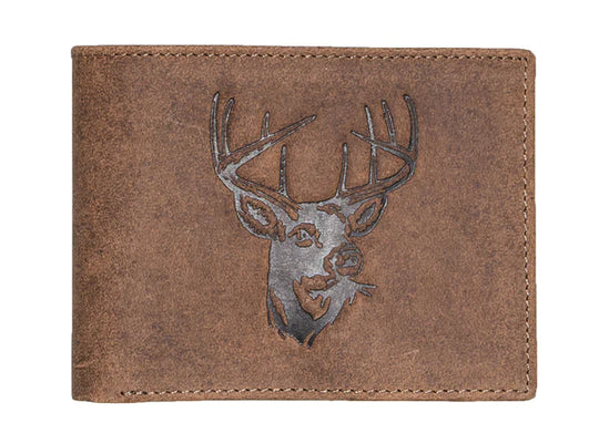 Distressed Leather wallet with embossed animal exterior. Mossy Oak camouflage interior. Choose Deer, Bass or Duck. Inside features 6 credit card slots, 2 underneath slots and cash slot.  Folded dimensions are 4" by 3" Available in our online and retail shop, located in Smyrna, TN, just outside of Nashville. Imported