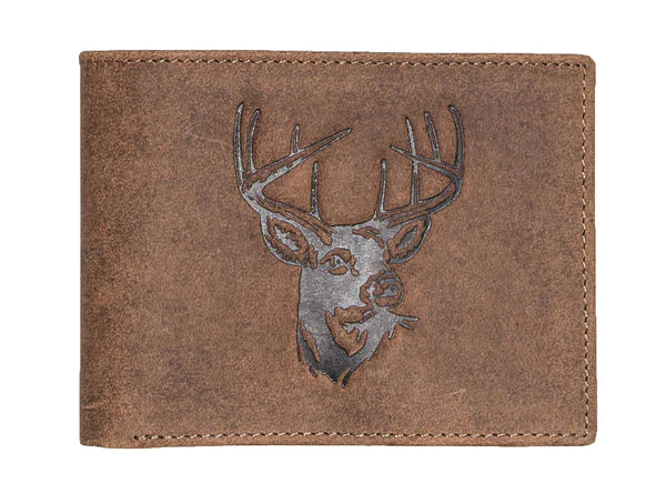 Distressed Leather wallet with embossed animal exterior. Mossy Oak camouflage interior. Choose Deer, Bass or Duck. Inside features 6 credit card slots, 2 underneath slots and cash slot.  Folded dimensions are 4" by 3" Available in our online and retail shop, located in Smyrna, TN, just outside of Nashville. Imported