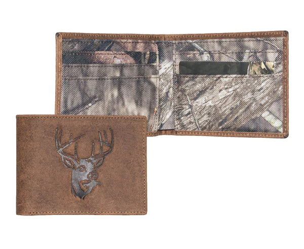 Distressed Leather wallet with embossed animal exterior. Mossy Oak camouflage interior. Choose Deer, Bass or Duck. Inside features 6 credit card slots, 2 underneath slots and cash slot.  Folded dimensions are 4" by 3" Available in our online and retail shop, located in Smyrna, TN, just outside of Nashville. Imported