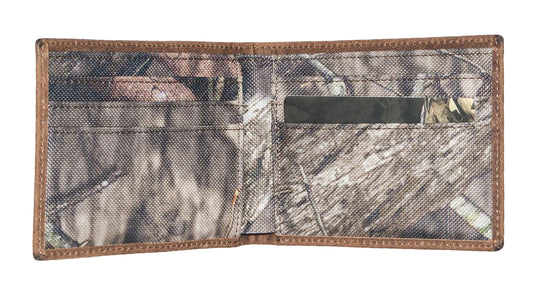 Distressed Leather wallet with embossed animal exterior. Mossy Oak camouflage interior. Choose Deer, Bass or Duck. Inside features 6 credit card slots, 2 underneath slots and cash slot.  Folded dimensions are 4" by 3" Available in our online and retail shop, located in Smyrna, TN, just outside of Nashville. Imported