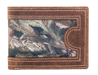 Distressed Leather wallet with Double Stitched exterior. Mossy Oak camouflage interior. Choose Bifold or Trifold Leather Bifold inside features 6 credit card slots, 2 underneath slots and cash slot.  Leather Trifold inside features 6 credit card slots, 3 underneath slots and cash slot. Folded dimensions are 4" by 3" Available in our online and retail shop, located in Smyrna, TN, just outside of Nashville. Imported