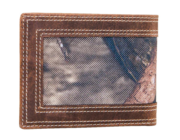 Distressed Leather wallet with Double Stitched exterior. Mossy Oak camouflage interior. Choose Bifold or Trifold Leather Bifold inside features 6 credit card slots, 2 underneath slots and cash slot.  Leather Trifold inside features 6 credit card slots, 3 underneath slots and cash slot. Folded dimensions are 4" by 3" Available in our online and retail shop, located in Smyrna, TN, just outside of Nashville. Imported