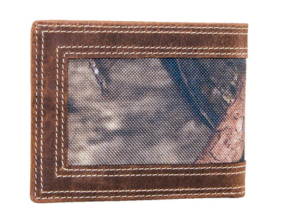 Distressed Leather wallet with Double Stitched exterior. Mossy Oak camouflage interior. Choose Bifold or Trifold Leather Bifold inside features 6 credit card slots, 2 underneath slots and cash slot.  Leather Trifold inside features 6 credit card slots, 3 underneath slots and cash slot. Folded dimensions are 4" by 3" Available in our online and retail shop, located in Smyrna, TN, just outside of Nashville. Imported