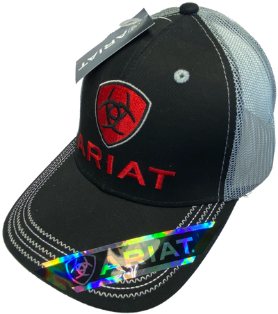 Black cap with grey mesh back and velcro closure. Structured front has red Ariat logo embroidered. Available for purchase at our shop just outside of Nashville in Smyrna, TN.