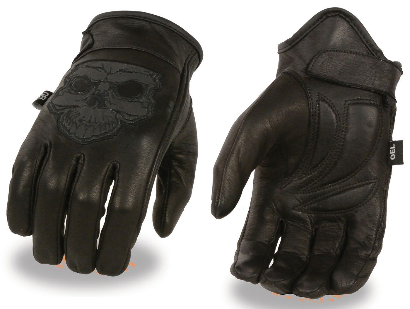 Leather motorcycle riding gloves with reflective skull pictured on back of hand. They are available in sizes XS-3X and have a thermal lining and velcro wrist closure. They are available in our shop just outside Nashville in Smyrna, TN.