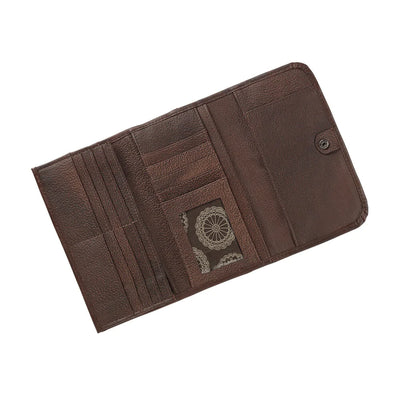 Full grain leather tri-fold wallet is 7.5” x 4”, hand-stained in a 2 tone brown, decorated with rounded studs, and hand-tooled in a western floral pattern. Outside includes spring snap closure and back zipper coin pocket. Interior contains 12 credit card spaces, 1 clear ID space, multiple currency pockets, and a checkbook flap. Pockets are divided with cotton linen, allowing for a lighter weight wallet. Available also in our Smyrna ,TN shop just outside Nashville. Product made in Paraguay by American West.