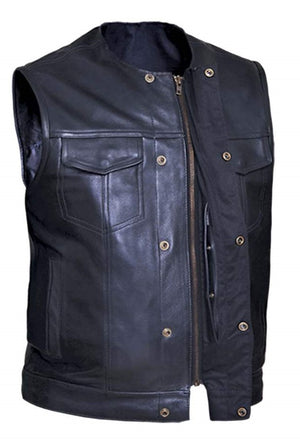 This black leather no collar riding vest is made from premium naked cowhide leather and has four snap front closure. It has a solid panel back.  It has two lower front zipper pockets and upper front flap closure pockets. Inside has 6 pockets including a conceal carry pocket on each side.  Available in our shop in Smyrna, TN outside of Nashville.  Sizes available from small to 5x.
