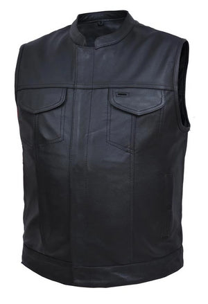 This black leather club style vest is made from lightweight cowhide and has a classic four snap front and is solid on the sides. It has a four panel back, front has 6 inside front pockets, including a conceal carry pocket on each side. Outside front has two upper flapped pockets and two lower side pockets. Available for purchase in our shop in Smyrna, TN, just outside Nashville.  Sizes small to 5x