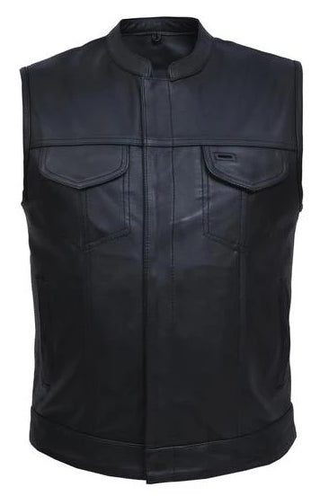 This premium black leather club style vest is made from premium naked cowhide leather. It has a tab style collar and front snap closure. It has a solid panel back.  Available for purchase in our shop in Smyrna, TN outside of Nashville.  Available in sizes small through 5x.  It has 6 inside front pockets including a conceal carry pocket on each side. The front has upper flap closure pockets and lower front side zipper pockets.  Available with solid sides