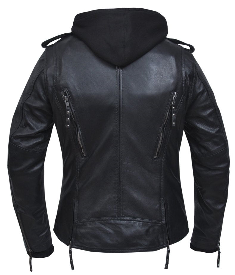 Ladies Black Leather Jacket with Hoodie