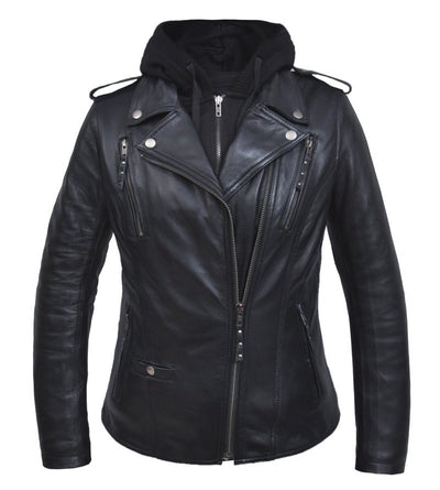 Ladies Black Leather Jacket with Hoodie