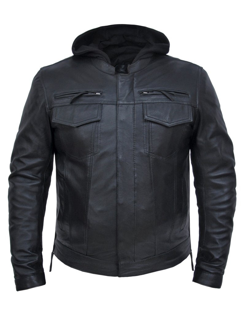 Our Men's Levi Soft Lambskin Leather Hoodie jacket is perfect for riders or anyone prefers a updated appearance. It has side zips, a black mesh lining, a full sleeve zip-out liner, a removable black hoodie, antique silver hardware, and 4 outside pockets. Inside, there are 2 conceal carry pockets and armor pockets. Available in sizes L-5XL at our Smyrna, TN store near Murfreesboro. Stop by and pick yours up today!