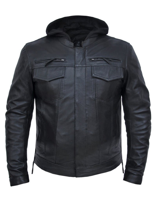 Our Men's Levi Soft Lambskin Leather Hoodie jacket is perfect for riders or anyone prefers a updated appearance. It has side zips, a black mesh lining, a full sleeve zip-out liner, a removable black hoodie, antique silver hardware, and 4 outside pockets. Inside, there are 2 conceal carry pockets and armor pockets. Available in sizes L-5XL at our Smyrna, TN store near Murfreesboro. Stop by and pick yours up today!