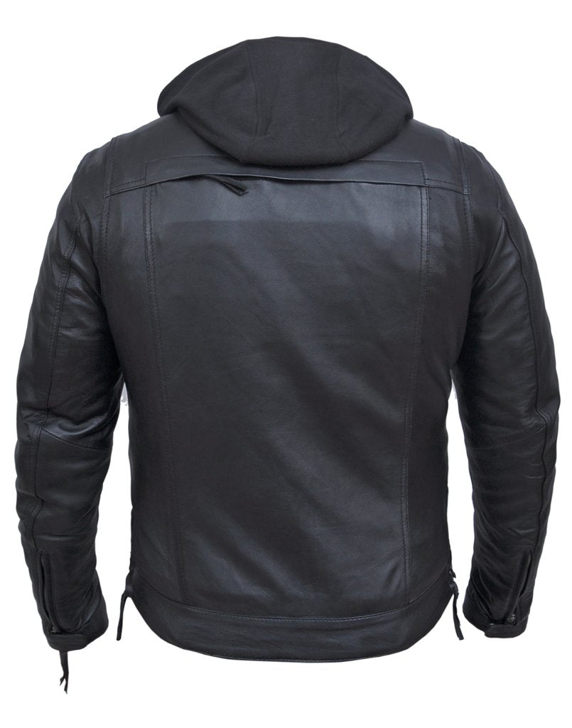 Our Men's Levi Soft Lambskin Leather Hoodie jacket is perfect for riders or anyone prefers a updated appearance. It has side zips, a black mesh lining, a full sleeve zip-out liner, a removable black hoodie, antique silver hardware, and 4 outside pockets. Inside, there are 2 conceal carry pockets and armor pockets. Available in sizes L-5XL at our Smyrna, TN store near Murfreesboro. Stop by and pick yours up today!