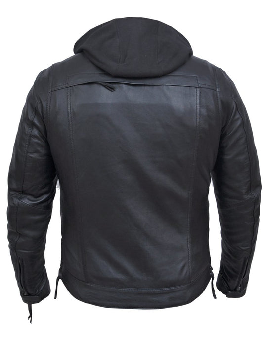 Our Men's Levi Soft Lambskin Leather Hoodie jacket is perfect for riders or anyone prefers a updated appearance. It has side zips, a black mesh lining, a full sleeve zip-out liner, a removable black hoodie, antique silver hardware, and 4 outside pockets. Inside, there are 2 conceal carry pockets and armor pockets. Available in sizes L-5XL at our Smyrna, TN store near Murfreesboro. Stop by and pick yours up today!