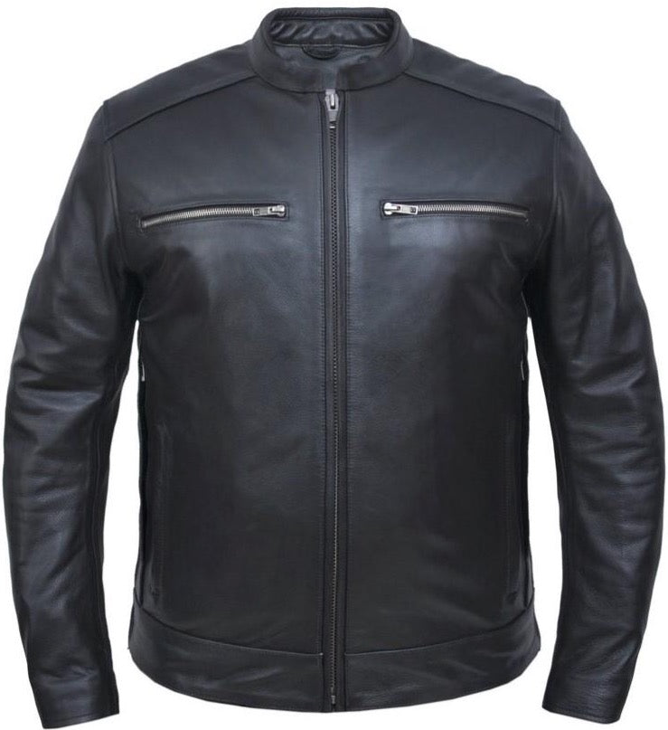 Premium Cowhide Leather European style collar and Clean look 2 outside pockets and zippered vents on sides and back 2 inside concealed carry pockets Silver Hardware  Full Sleeve zip out liner Sizes S-5XL