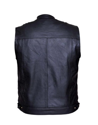 This black leather club style vest is made from lightweight cowhide and has a classic four snap front and is solid on the sides. It has a four panel back, front has 6 inside front pockets, including a conceal carry pocket on each side. Outside front has two upper flapped pockets and two lower side pockets. Available for purchase in our shop in Smyrna, TN, just outside Nashville.  Sizes small to 5x