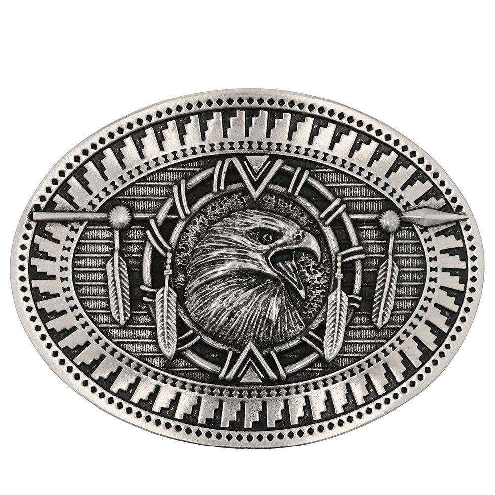 Antique Nickel colored oval Montana Silversmith's Attitude series buckle with Amazing detail of a Southwest inspired Eagle head, Spear and Feathers design.  Standard 1.5 belt swivel.  Available at our shop just outside Nashville in Smyrna, TN. Dimensions: Width 3.63" Height 2.75" Length 0.16"