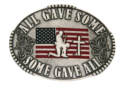 All gave some, some gave all oval shaped, plate style, silver colored belt buckle by AndWest.  Available in our local shop just outside Nashville in Smyrna, TN and also on our online shop.  Has Imprinted words and kneeling soldier and cross in front of the American flag as inlay.  Fits belts 1 1/4" to 1 1/2" wide. Made in Mexico.