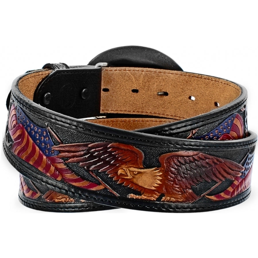 A rugged western look with a Matching removable Leather buckle that allows you to show off your American pride. Patriotically embossed with colorful Eagles and Flags on black background. Has snaps for easy buckle change. Made by Brighton for Tony Lama. Available in our Smyrna, TN shop.  