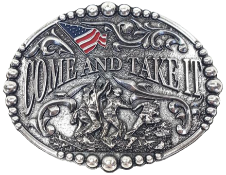Come and Take It motif buckle by AndWest has Come and Take It wording and pictures soldiers raising and American Flag. Decorative scrolling and designs around edges. Dimensions are 3 2/4" tall by 4 1/4" wide Made in Mexico Available in our online shop as well as in the retail shop in Smyrna, TN, just outside Nashville.