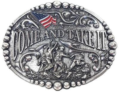 Come and Take It motif buckle by AndWest has Come and Take It wording and pictures soldiers raising and American Flag. Decorative scrolling and designs around edges. Dimensions are 3 2/4" tall by 4 1/4" wide Made in Mexico Available in our online shop as well as in the retail shop in Smyrna, TN, just outside Nashville.